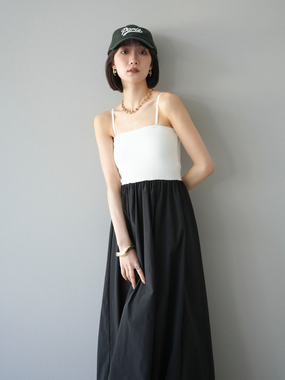 [予約]異素材ドッキングカップ付ベアキャミバルーンワンピース/オフブラック