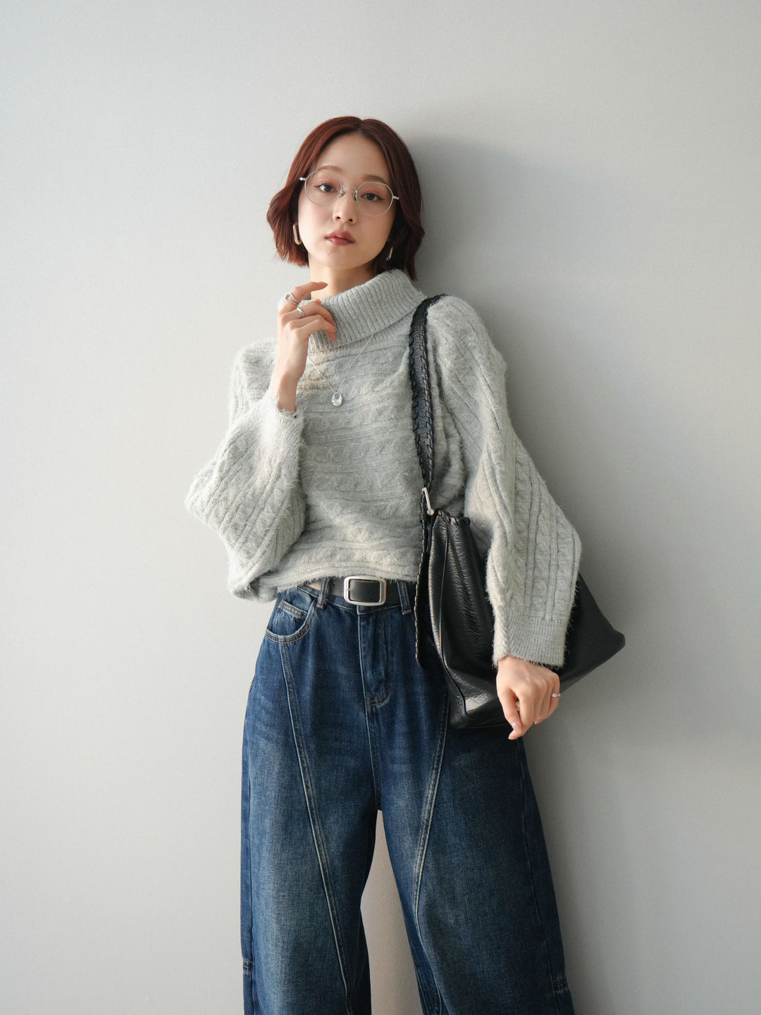 [SET]オフタートルケーブル編みニットプルオーバー+裏起毛加工デニムカーブパンツ(2set)