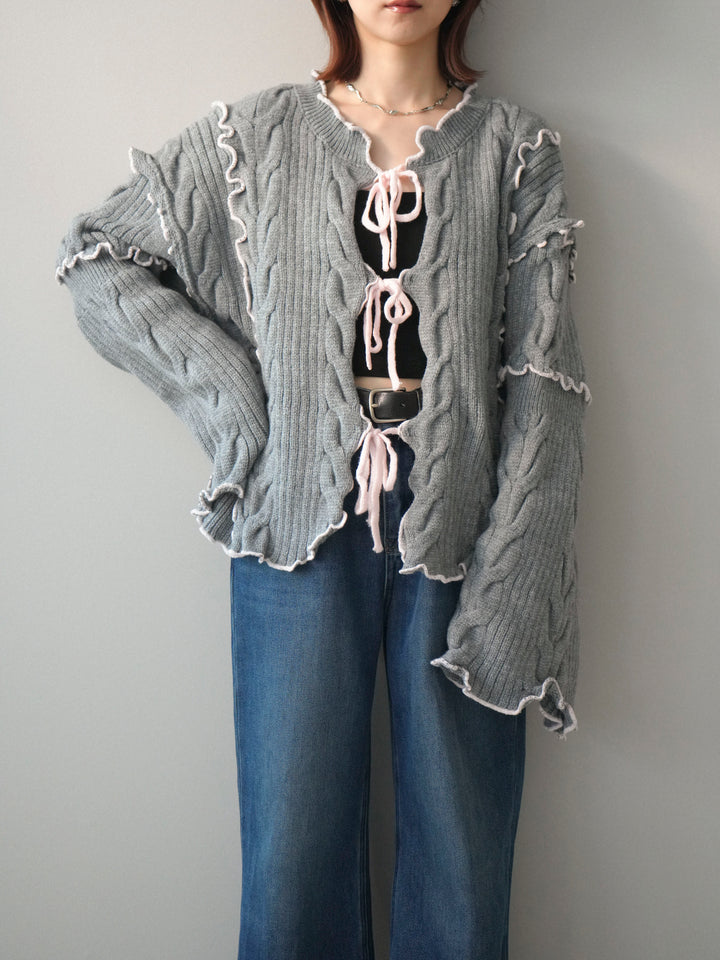 [SET]フロントリボン配色メローニットカーディガン+裏起毛裾フリンジワイドデニムパンツ(2set)