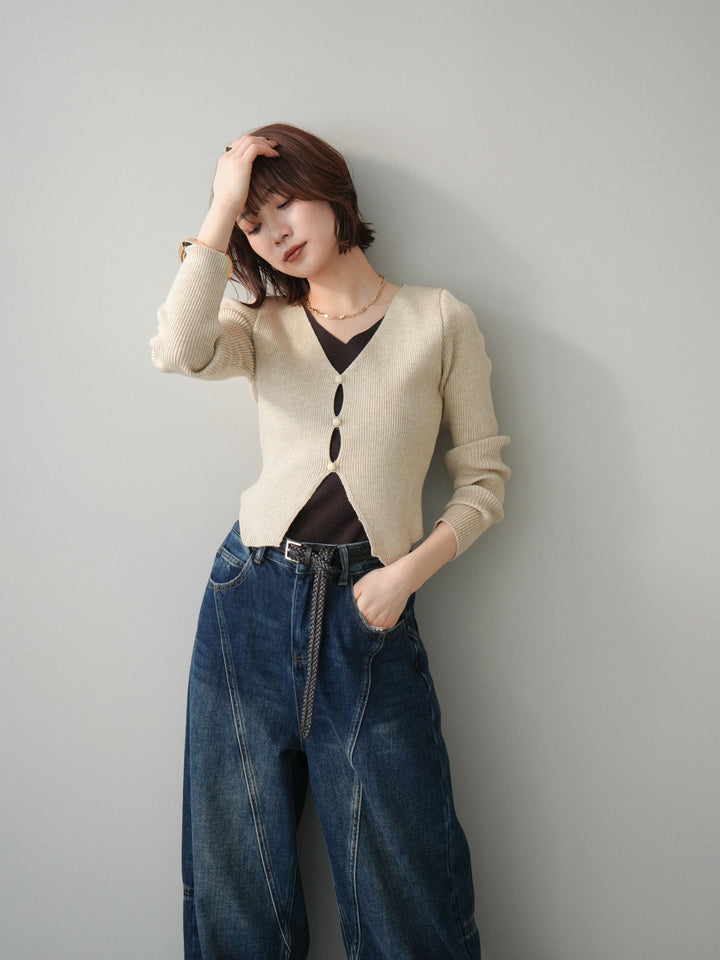 [予約]Vネック配色レイヤードスリットニットトップス/beige