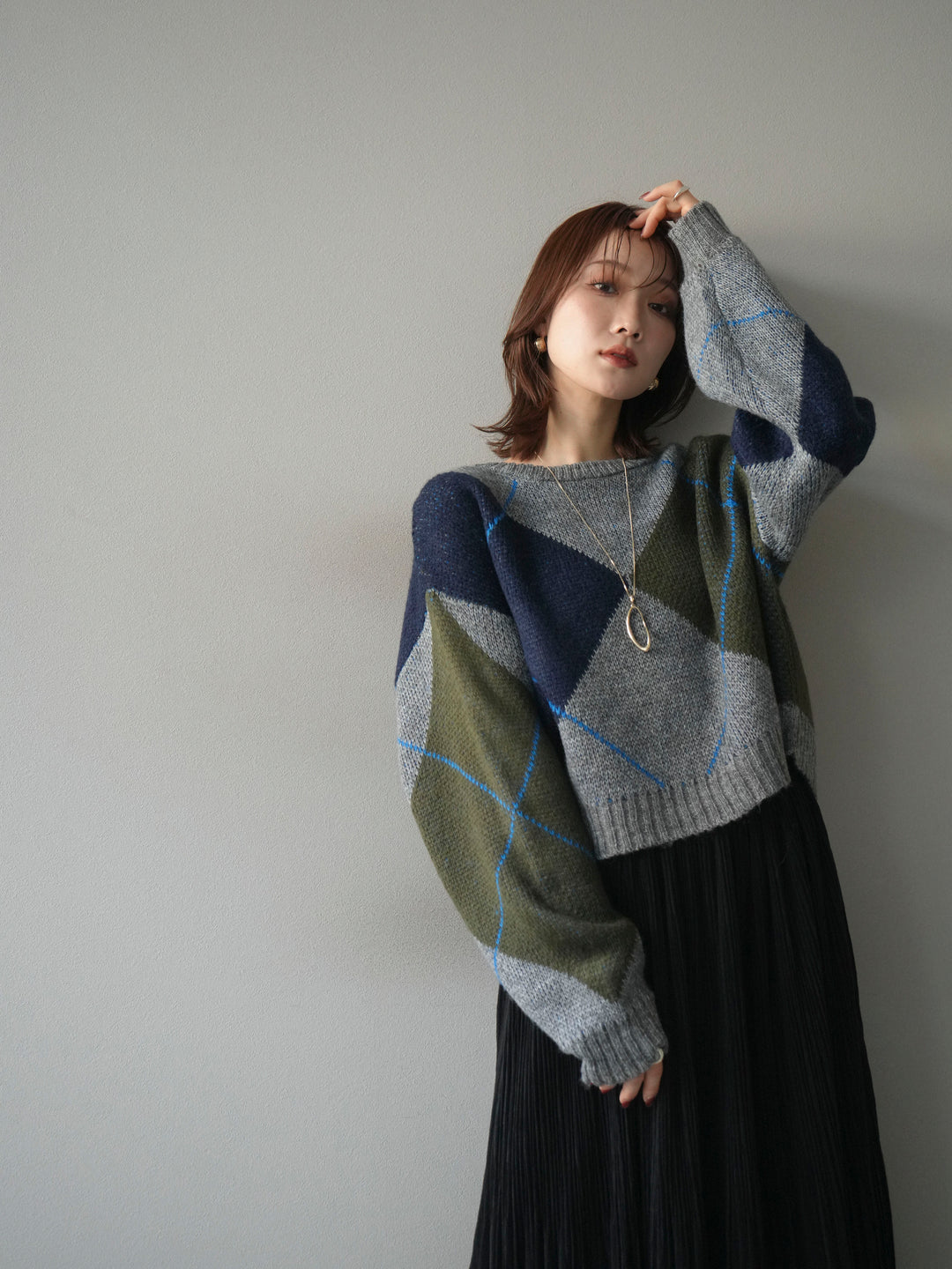 [予約]配色ステッチアーガイル柄ニットプルオーバー/gray