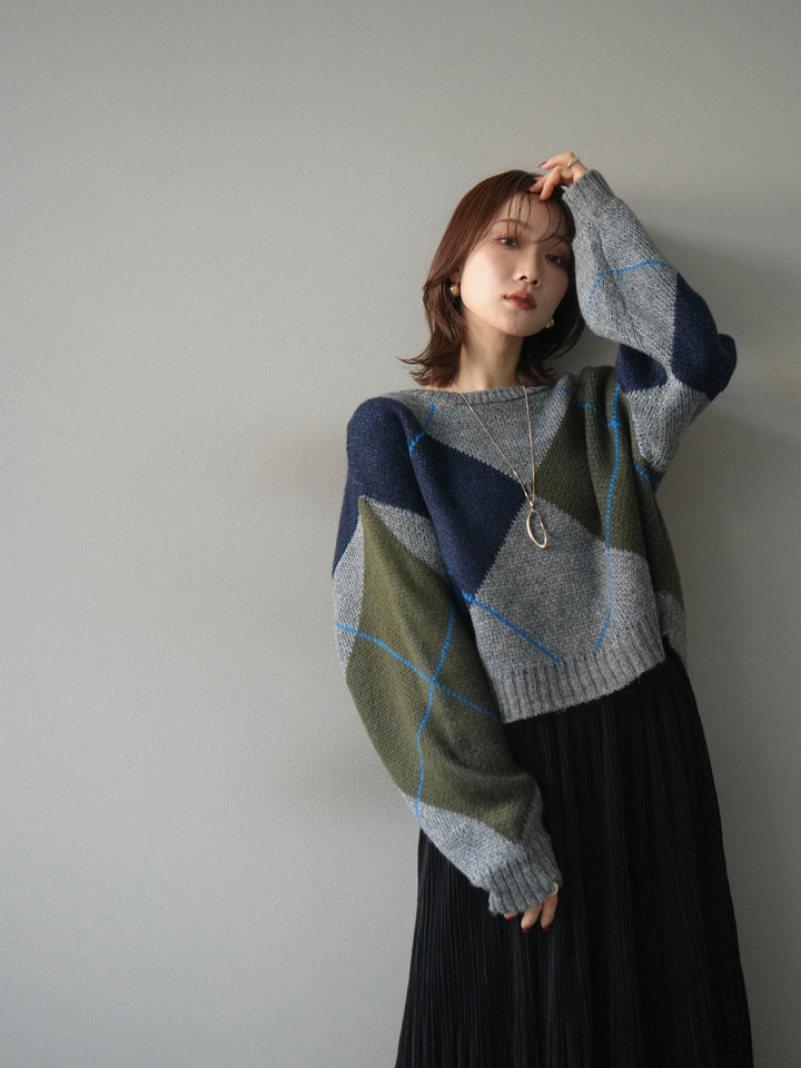 [予約]配色ステッチアーガイル柄ニットプルオーバー/gray