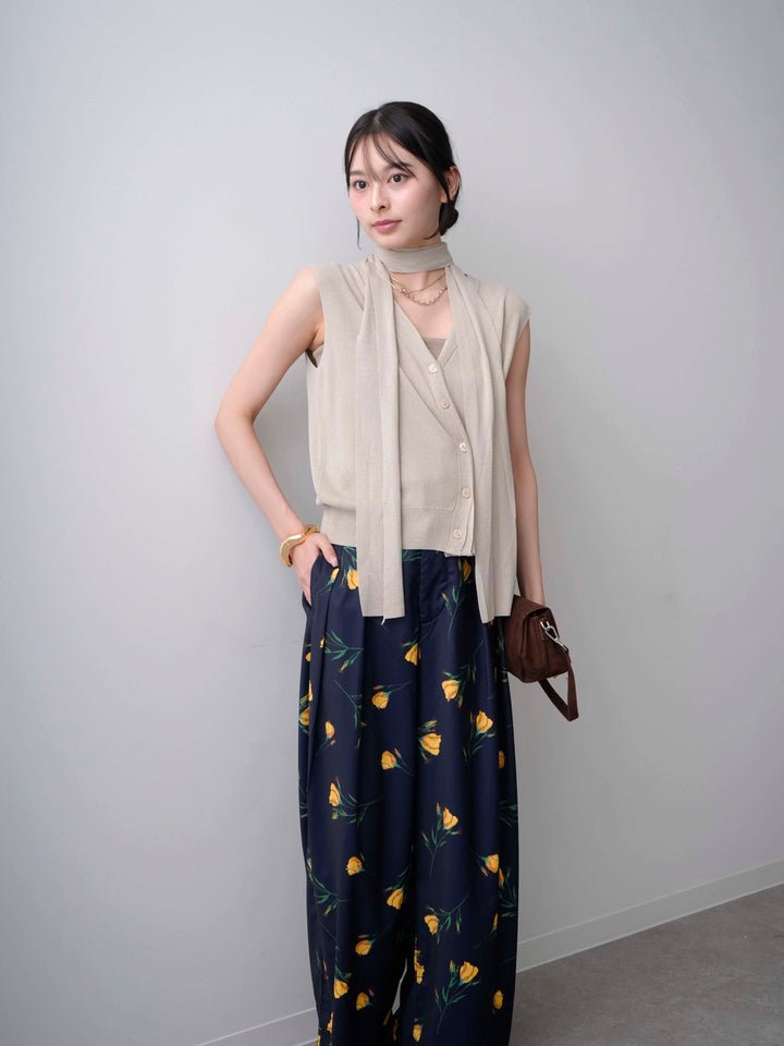 [SET]ネックレイヤードアシメニットベスト+フラワープリントドレープタックパンツ(2set)