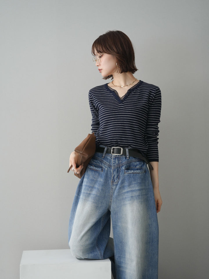 [SET]チュールレイヤードデザインボーダーニットトップス+フロントポケットサイドタックワイドデニム(2set)