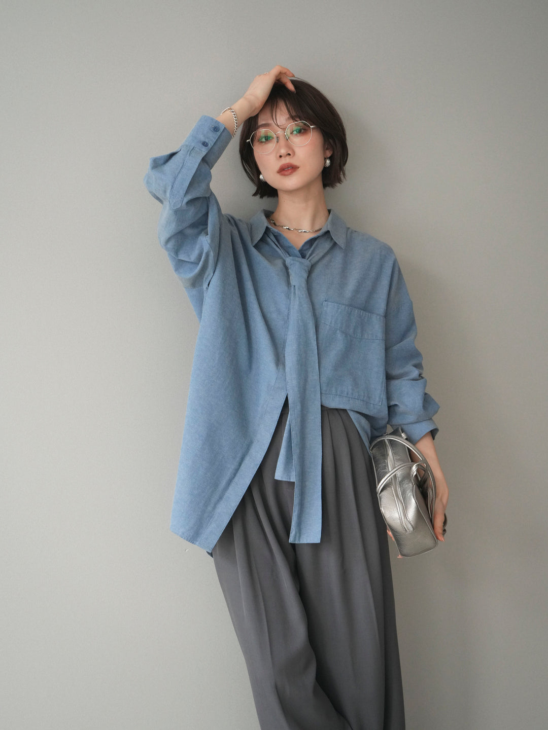 [予約]コットンライクボウタイオーバーシャツ/blue