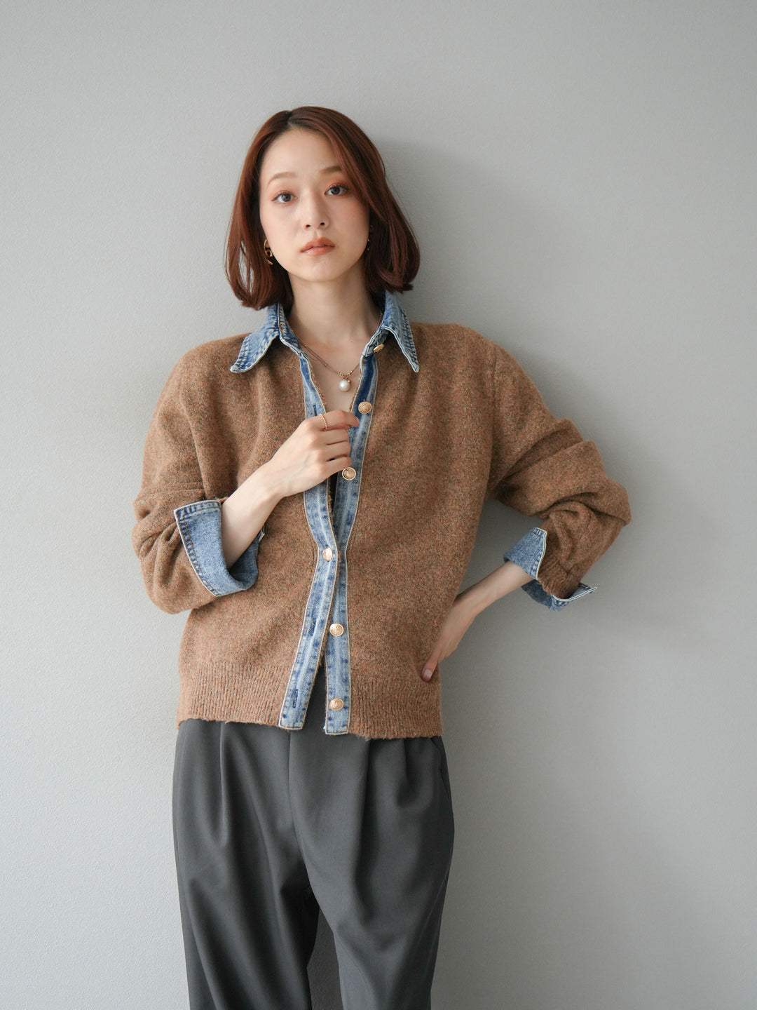 [SET]デニム襟ボタンニットカーディガン+エステルタックワイドパンツ(2set)