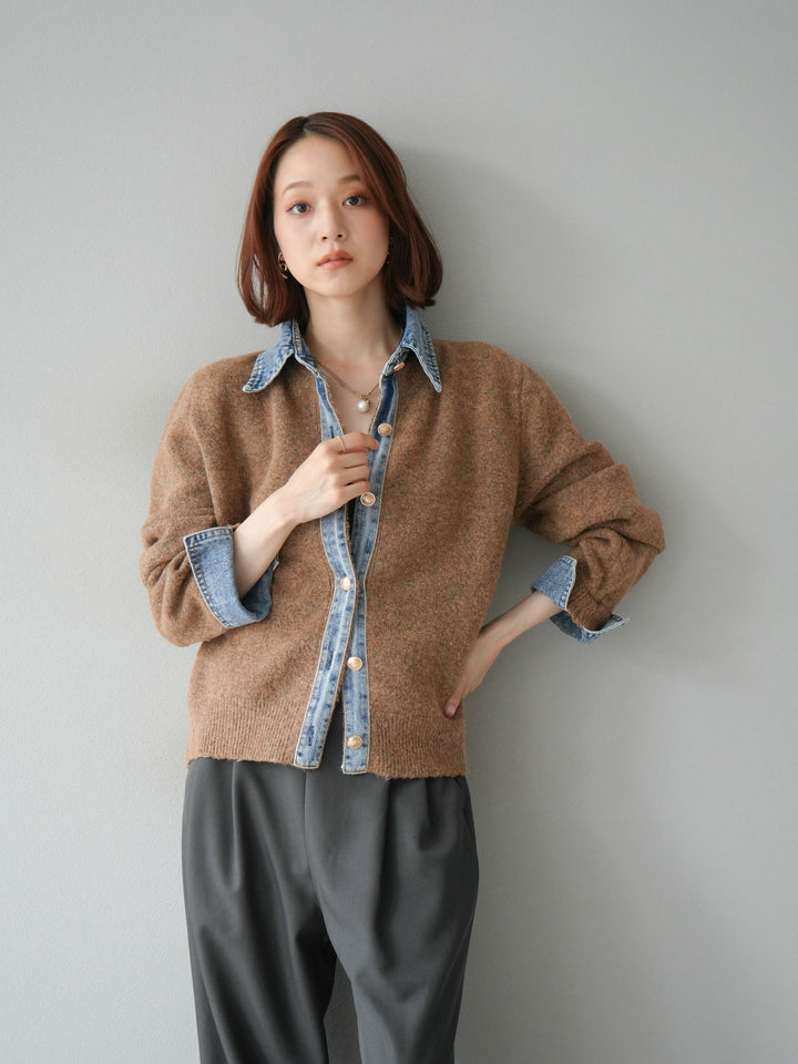 [SET]デニム襟ボタンニットカーディガン+エステルタックワイドパンツ(2set)