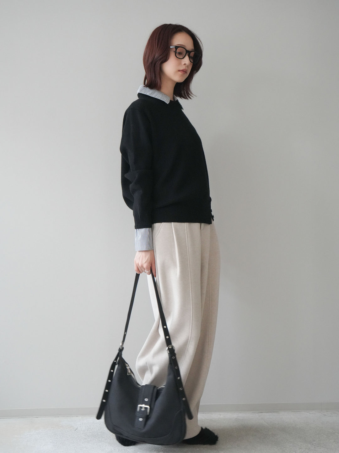 [予約]ベルト付き裏起毛ワイドパンツ/ecru