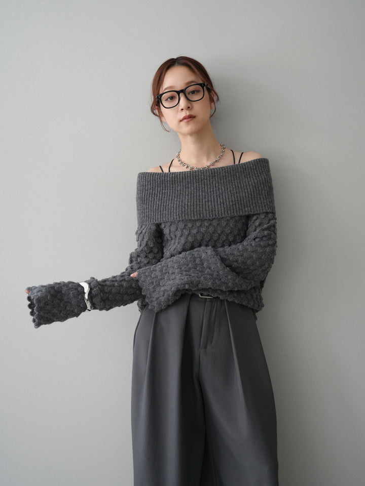 [SET]ポコポコ編みオフショルニットプルオーバー+ベルトループデザインワイドパンツ(2set)