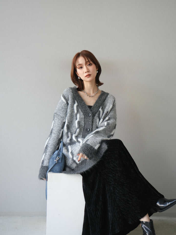 [予約]バイカラー編み込みデザインニットカーディガン/グレー