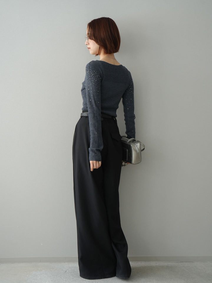 [SET]スパンコールシアーニットトップス+ベルト付キーホルダーモチーフワイドパンツ(2set)