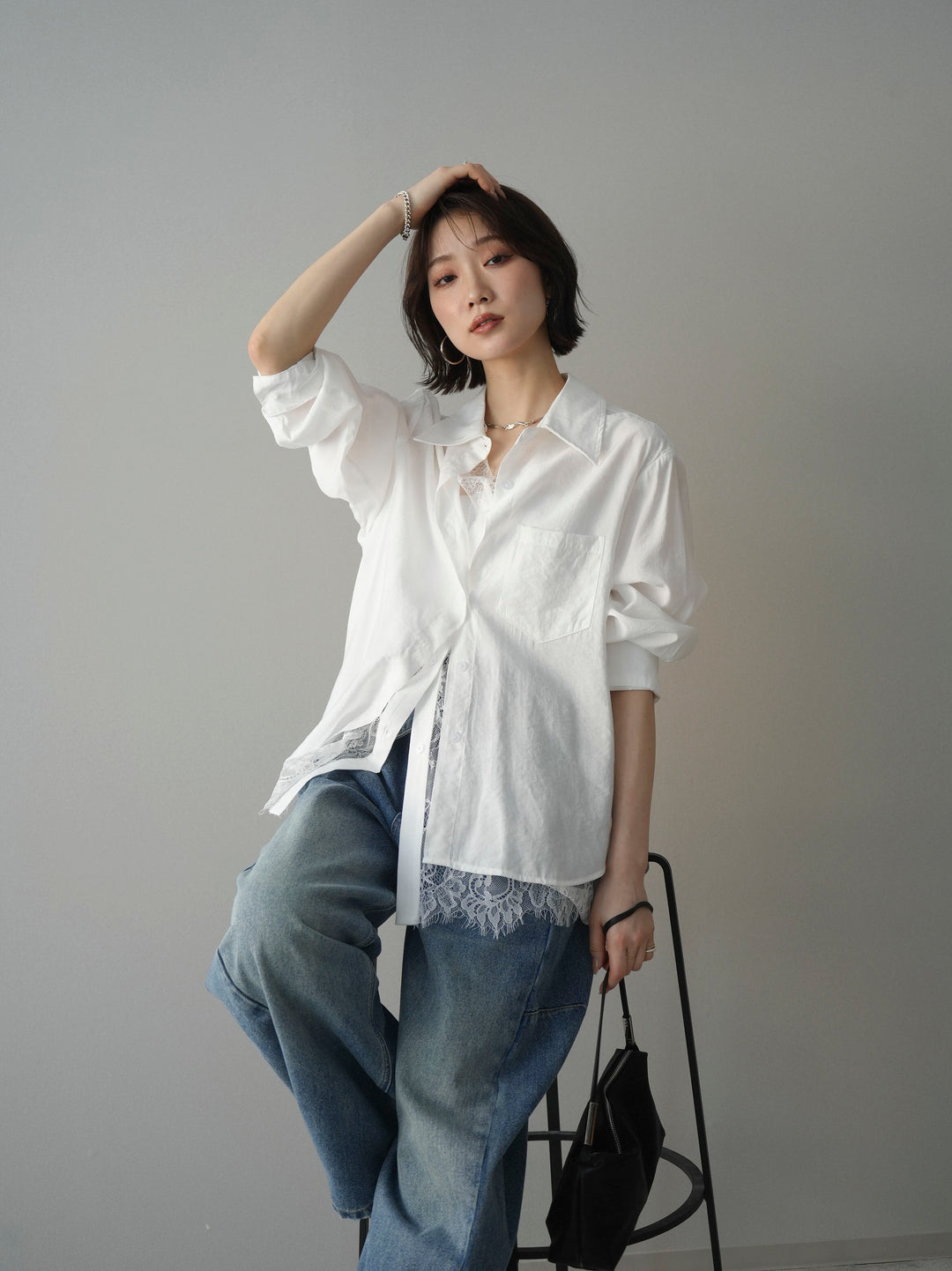 [予約]レイヤードデザイン裾レースブラウス/white