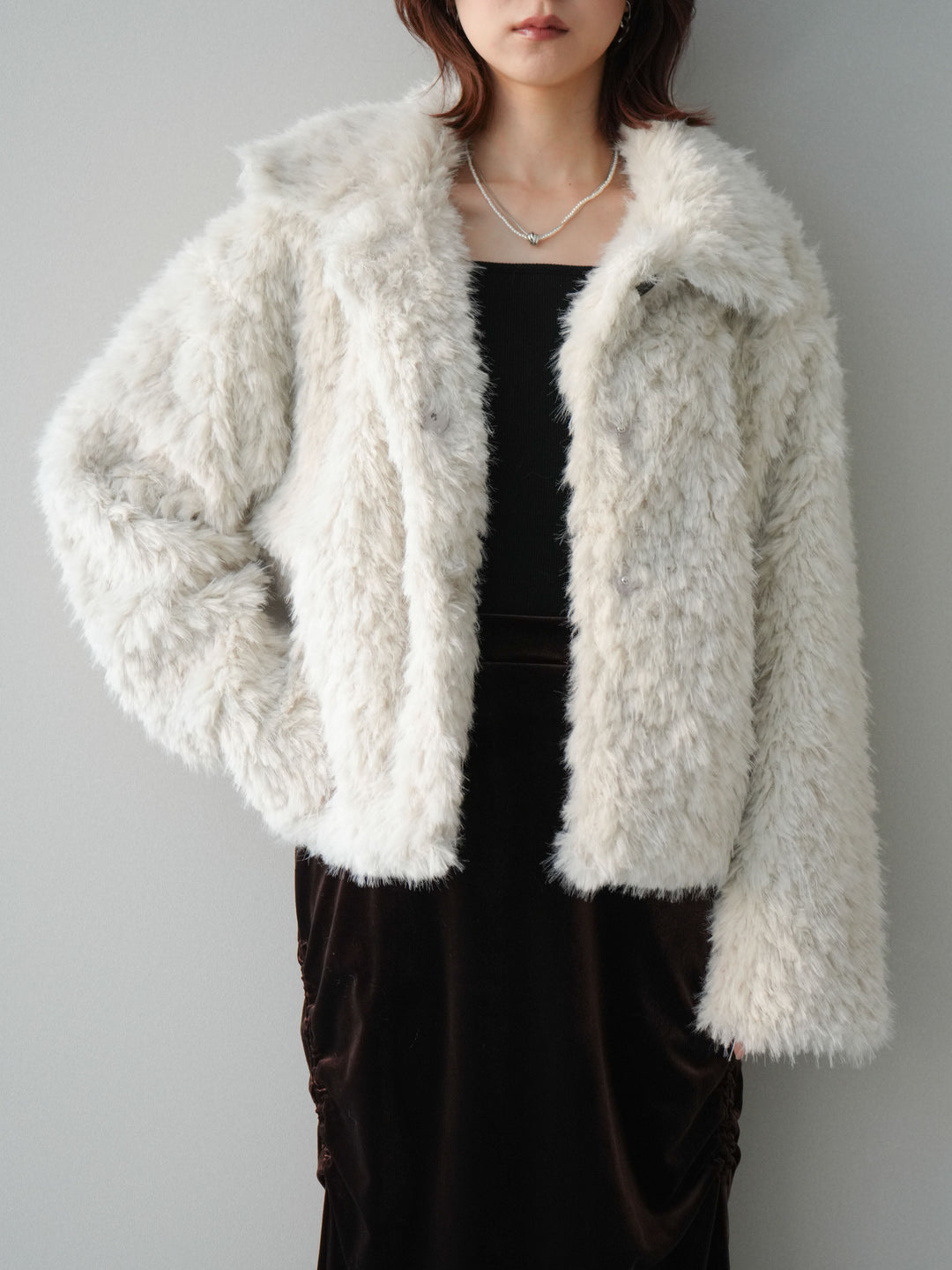 [SET]フェイクファー襟付きショートブルゾン+ギャザーベロアスカート(2set)