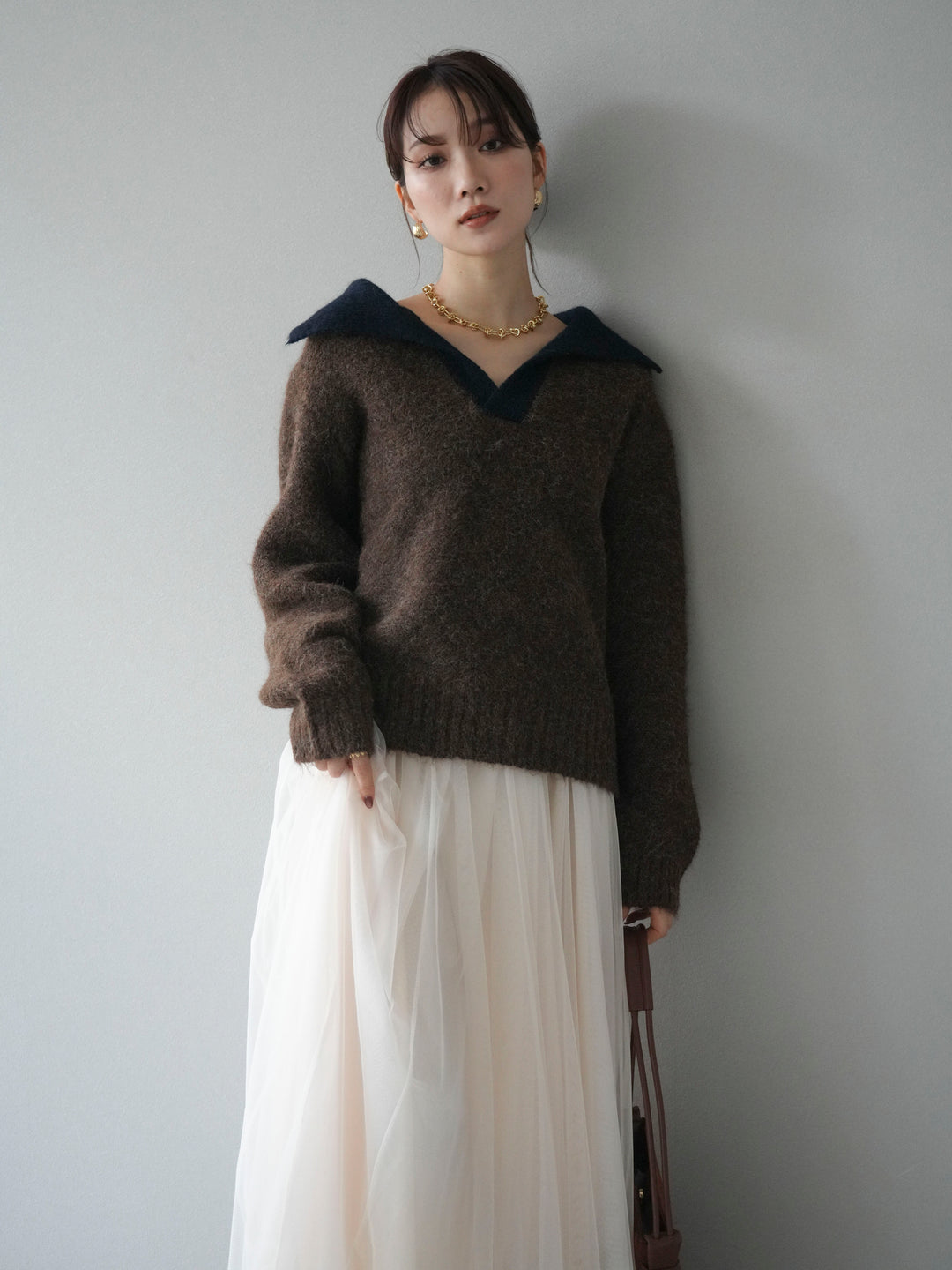 [予約]バイカラー襟付きニットプルオーバー/brown