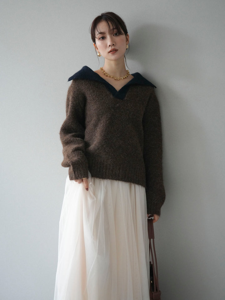 [予約]バイカラー襟付きニットプルオーバー/brown