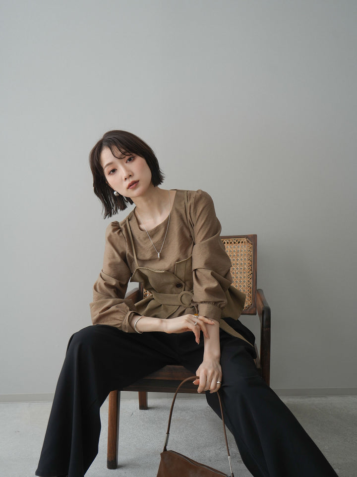 [SET]異素材ビスチェドッキングブラウス+ベルト付キーホルダーモチーフワイドパンツ(2set)