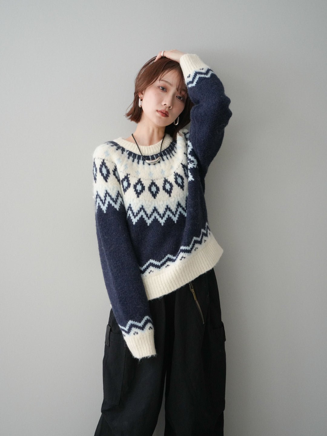 [予約]ノルディック柄ニットプルオーバー/navy