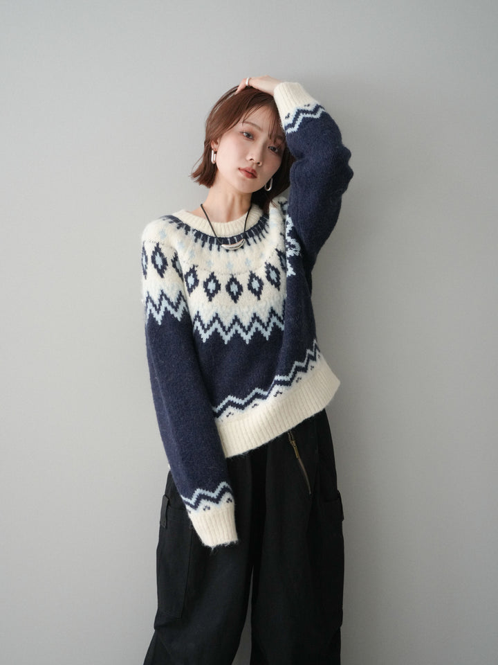 [予約]ノルディック柄ニットプルオーバー/navy
