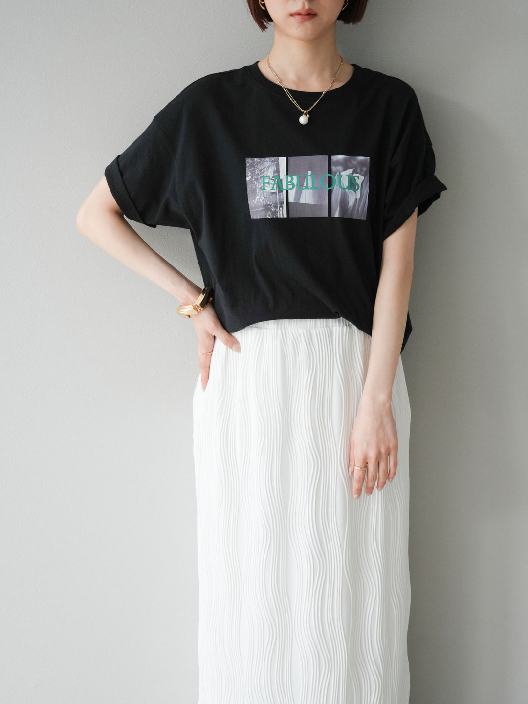 [SET]ネオンロゴコラージュフォトプリントオーバーTシャツ+ウェーブパイピングタイトスカート(2set)