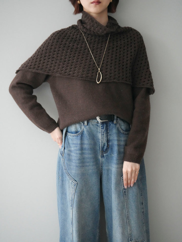 [予約]メッシュケープアンサンブルニットプルオーバー/brown
