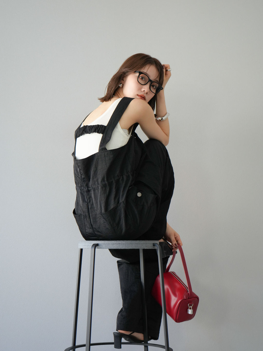 [予約]ナイロンタックデザインサロペット/ブラック