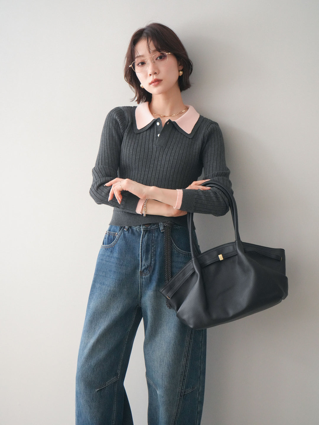 [SET]ダブル襟ポロリブニットトップス+選べるアクセセット(2set)