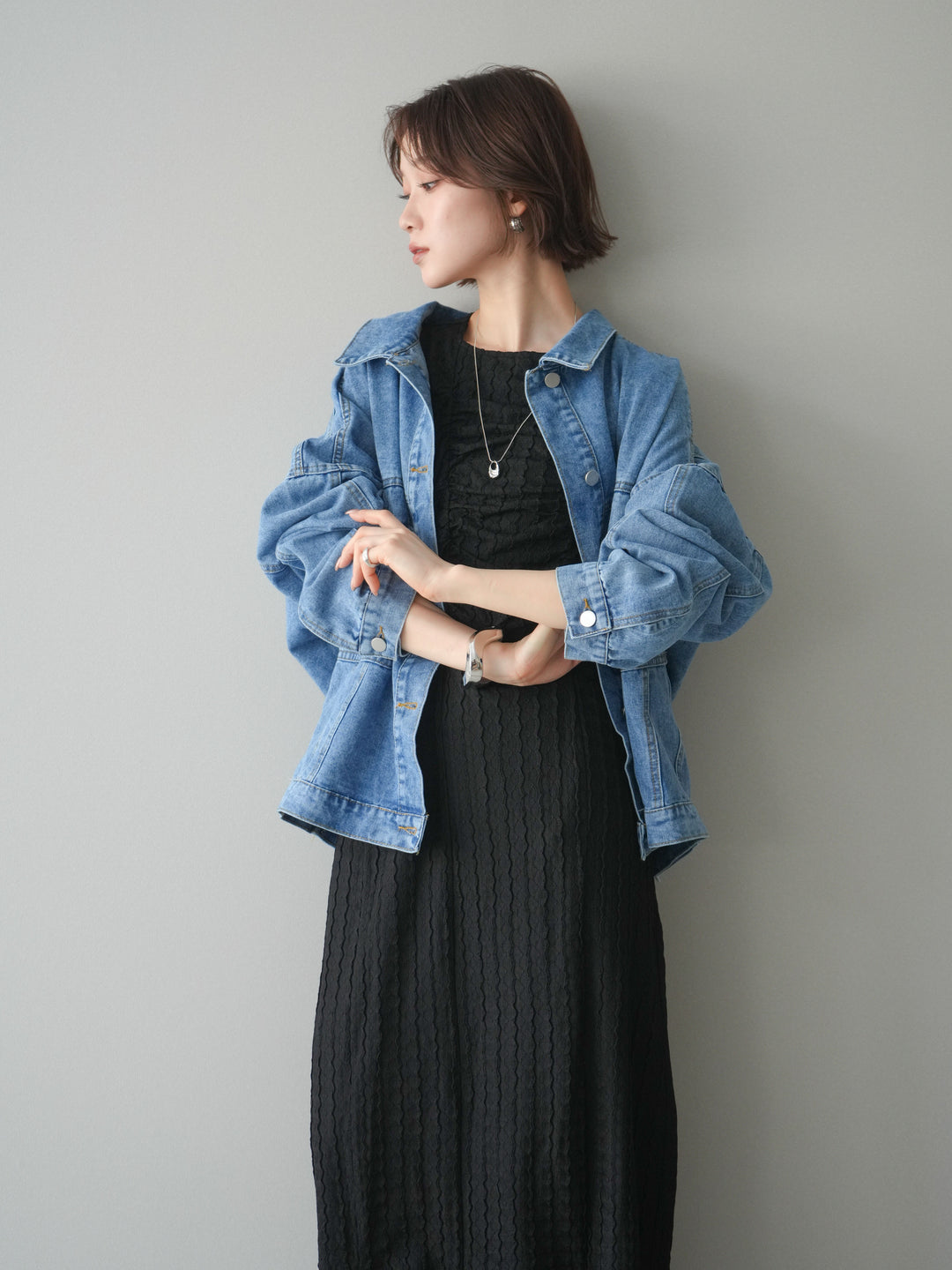 [予約]シャーリングジャガードノースリーブワンピース/black