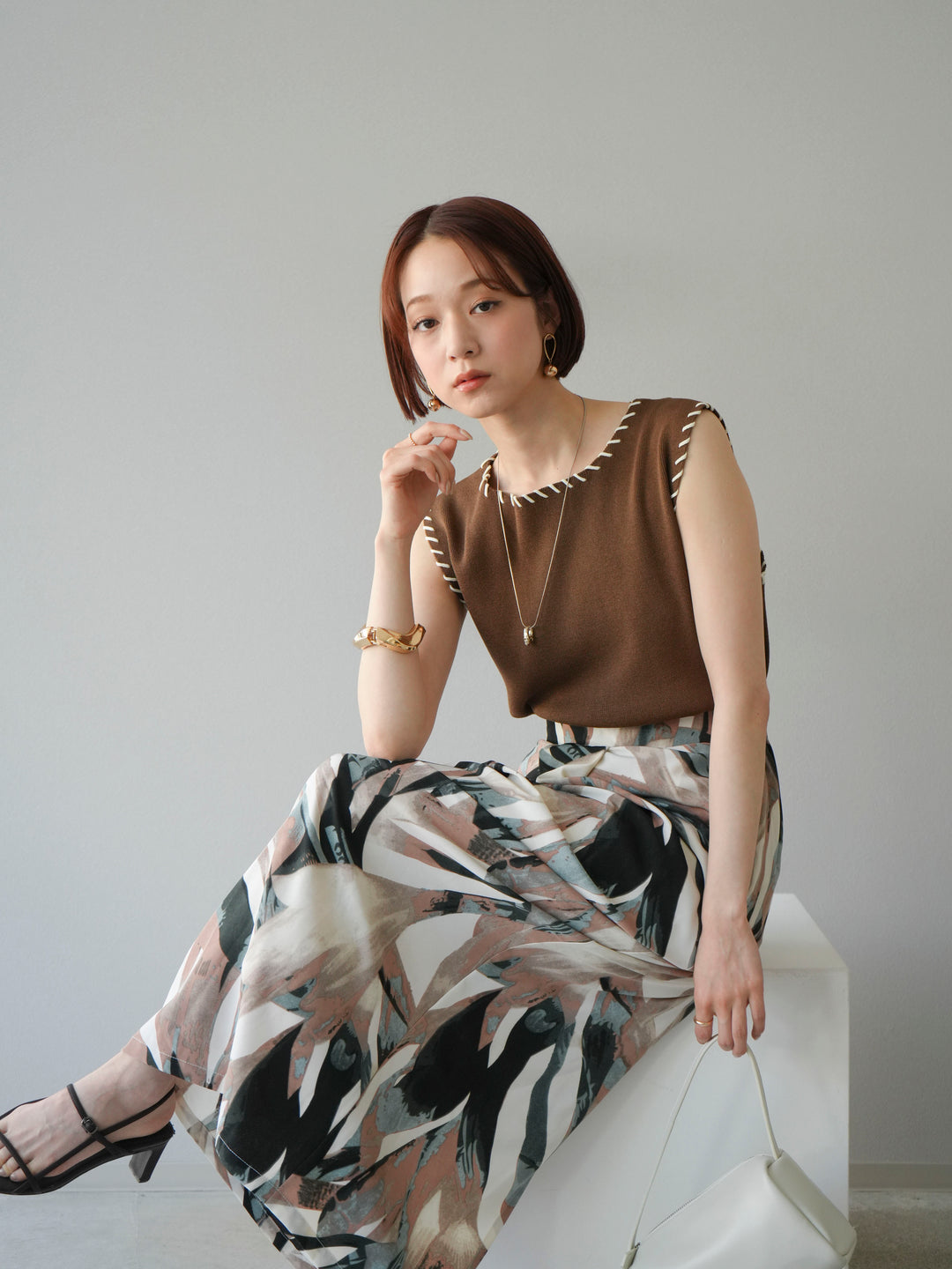 [予約]リネンタッチハンドステッチニットプルオーバー/モカ