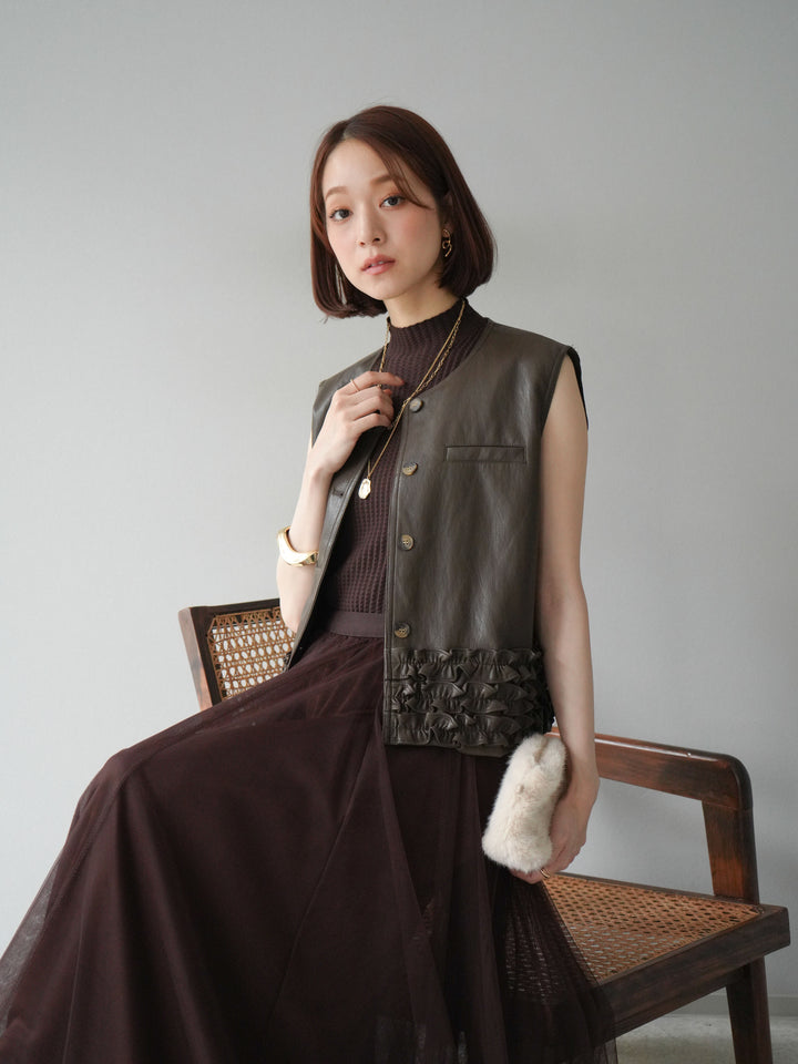 [予約]コンパクトフリルレザーベスト/ブラウン