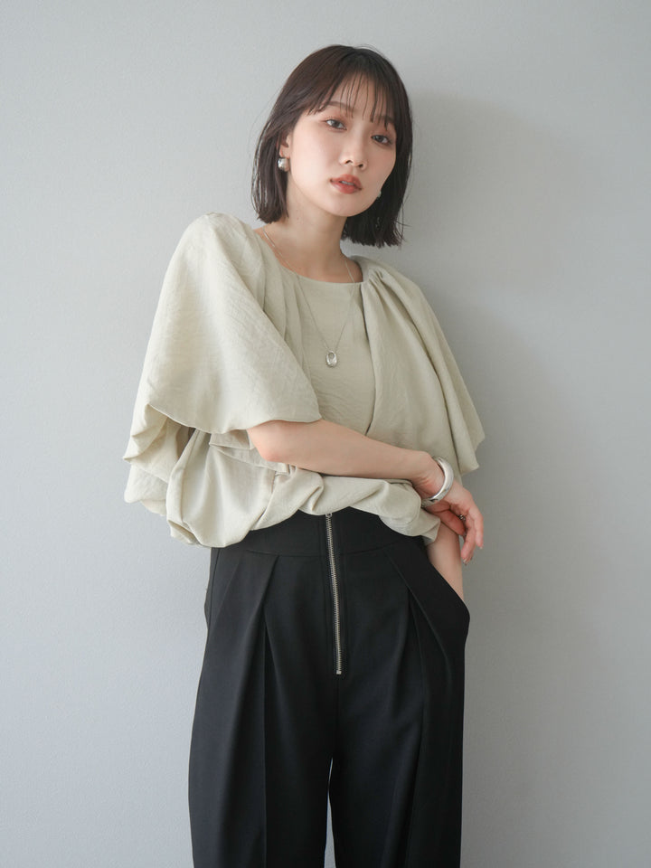 [SET] 燈籠袖褶襉設計上衣 + 拉鍊褶襉寬褲 (2 套)