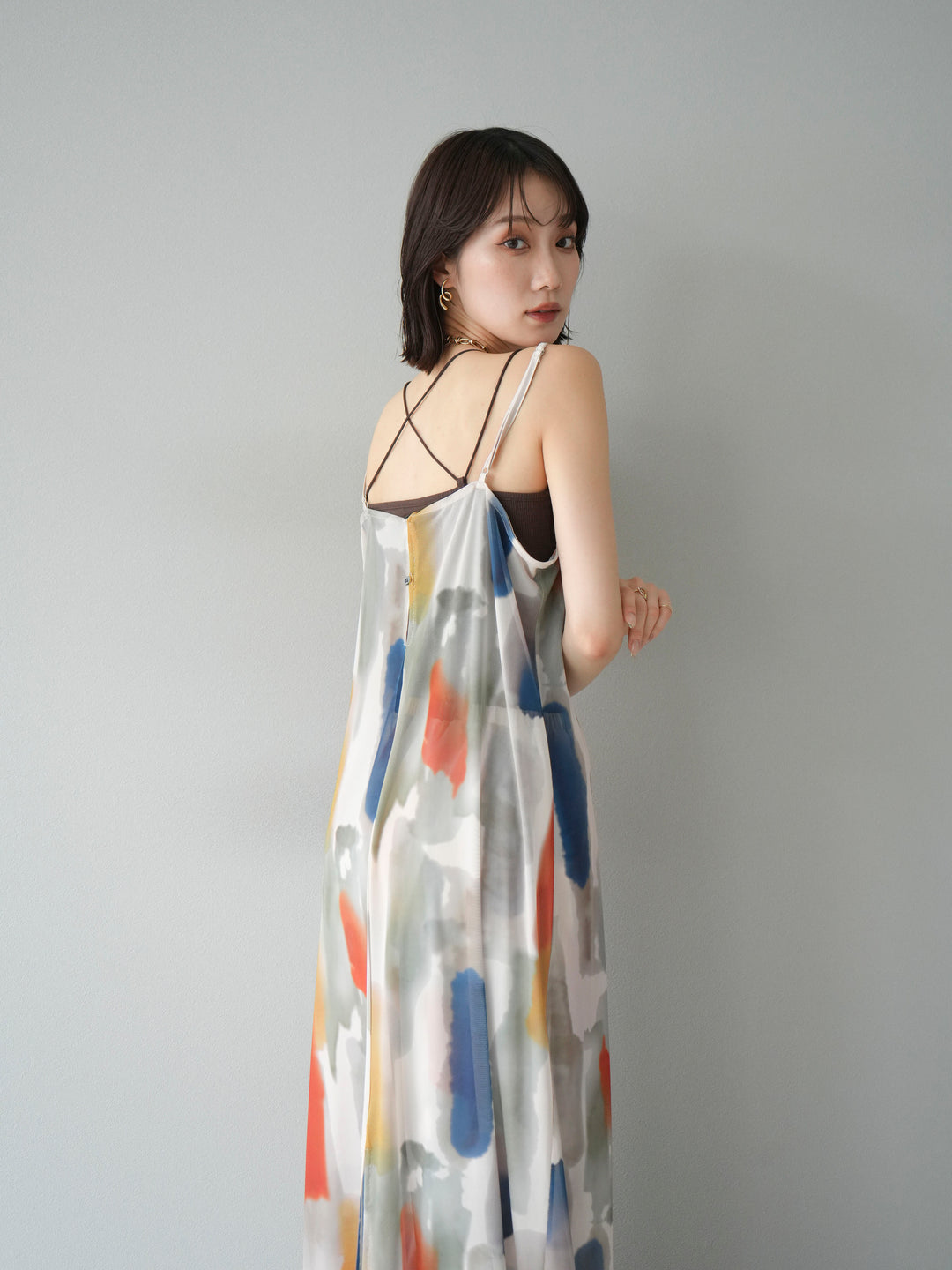 [SET]水彩アートシアーキャミワンピース+カップ付きバッククロスキャミソール(2set)