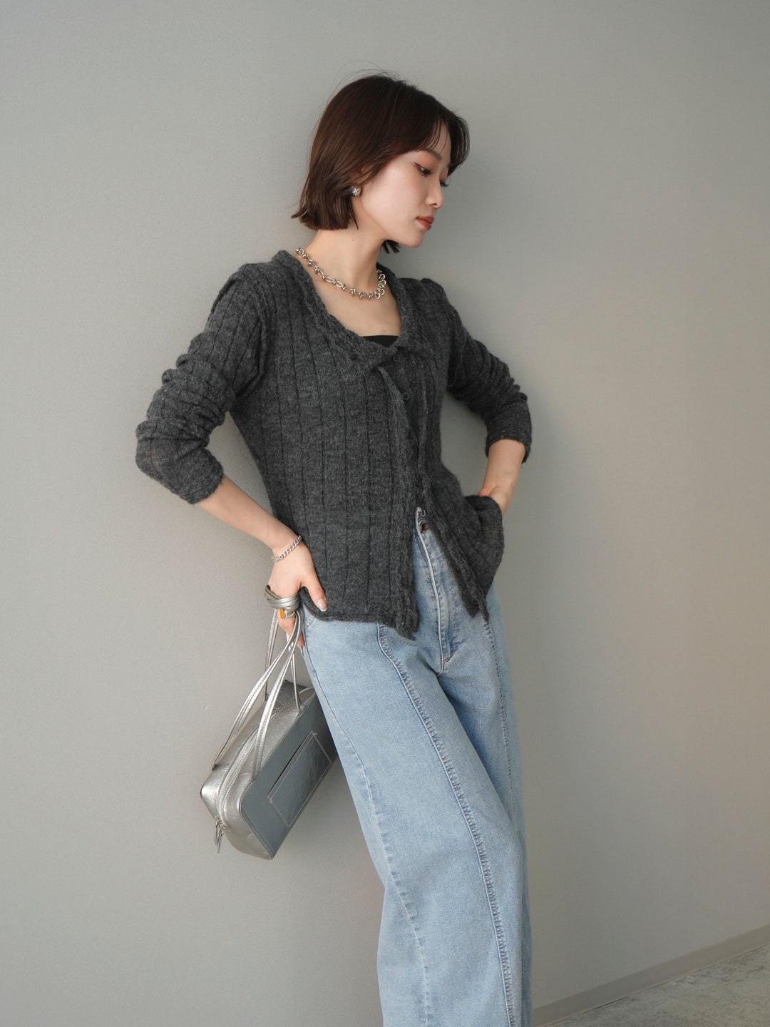 [予約]透かし襟モヘアタッチニットカーディガン/charcoal