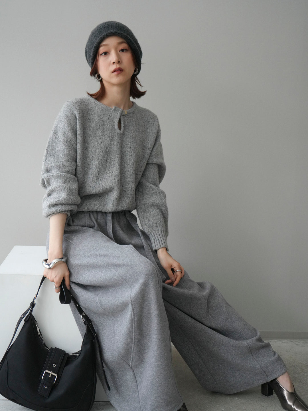 [予約]ツイストネックラメネップヤーンニットプルオーバー/gray