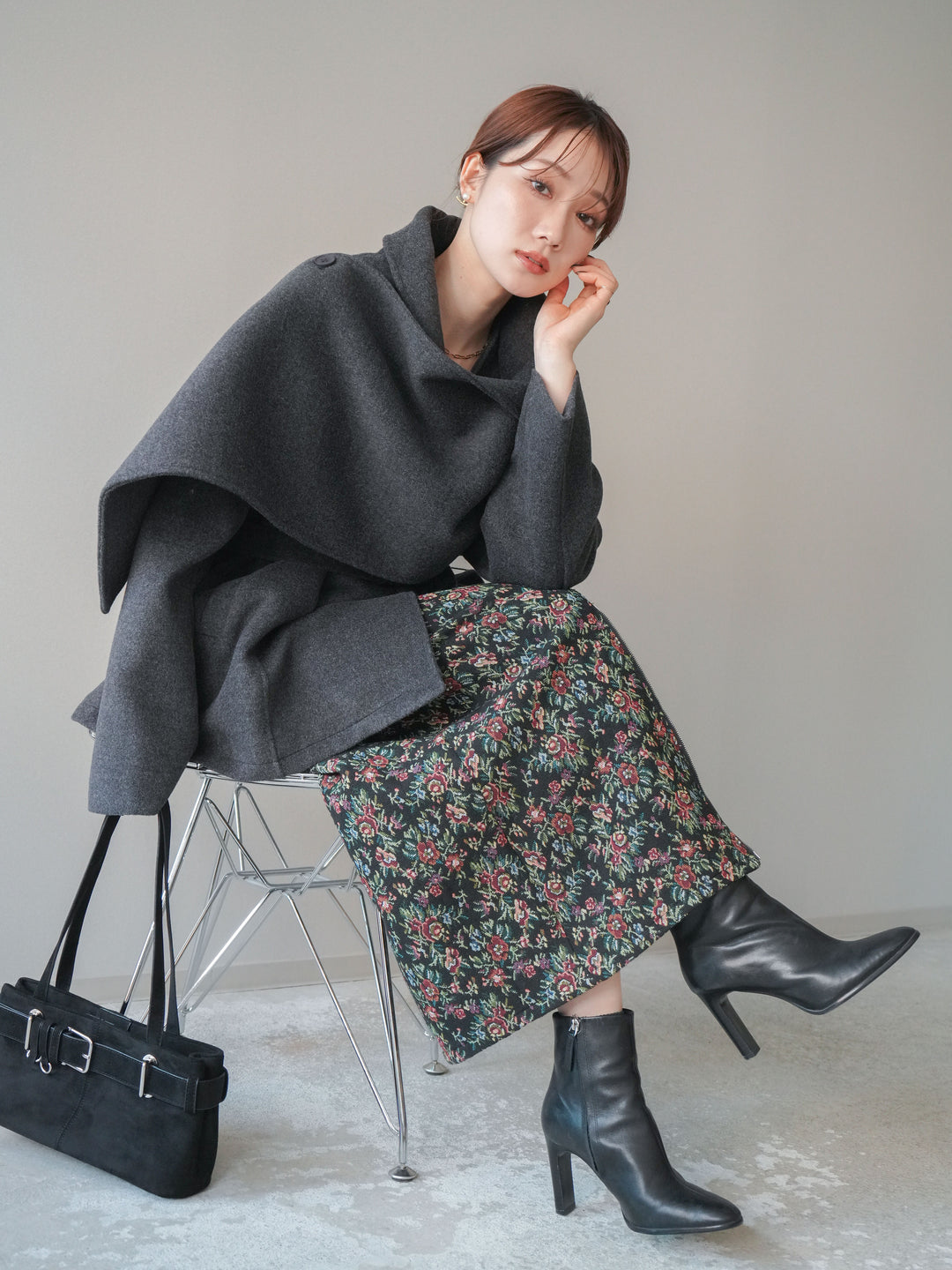 [予約]ストールデザインショートコート/charcoal