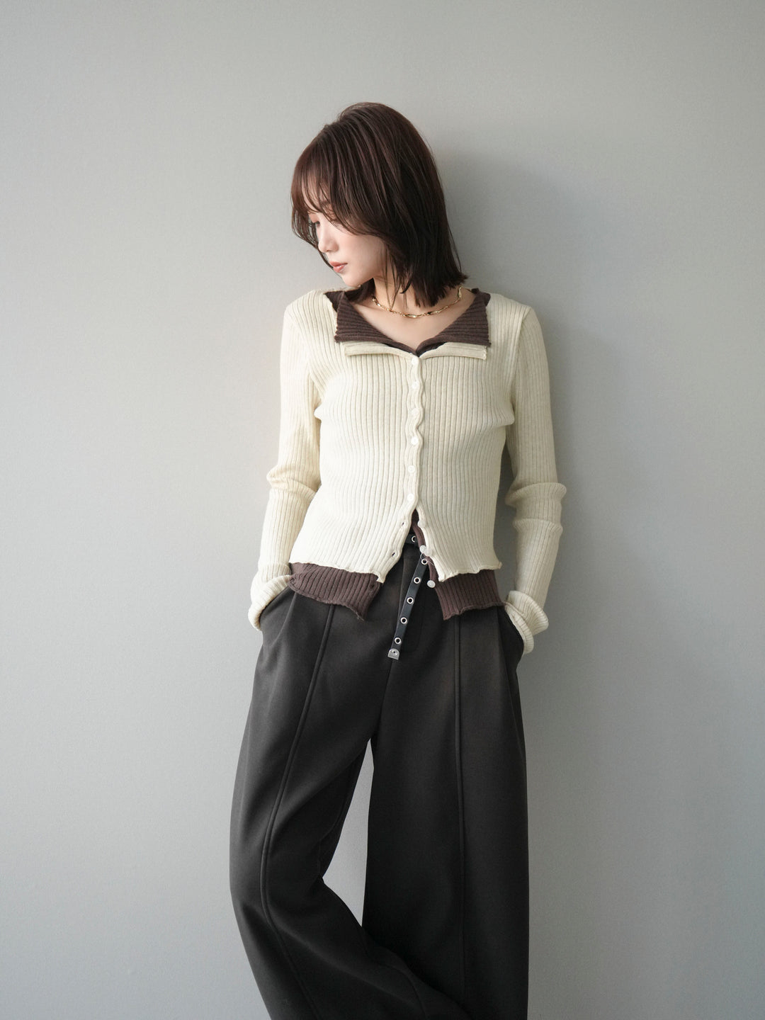 [予約]配色レイヤードリブニットカーディガン/ivory