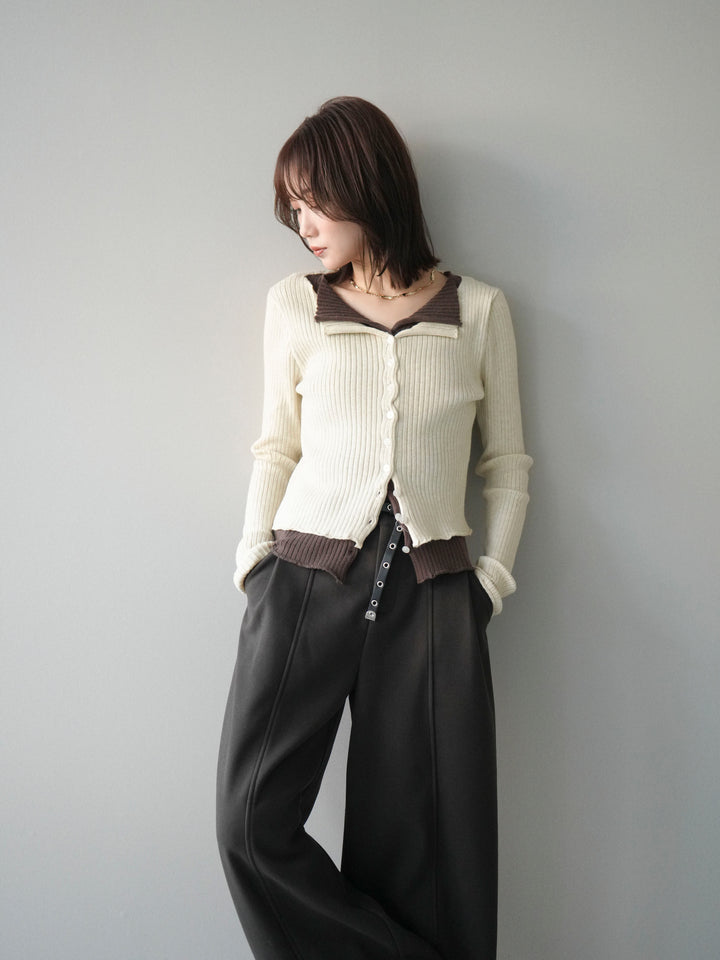 [予約]配色レイヤードリブニットカーディガン/ivory