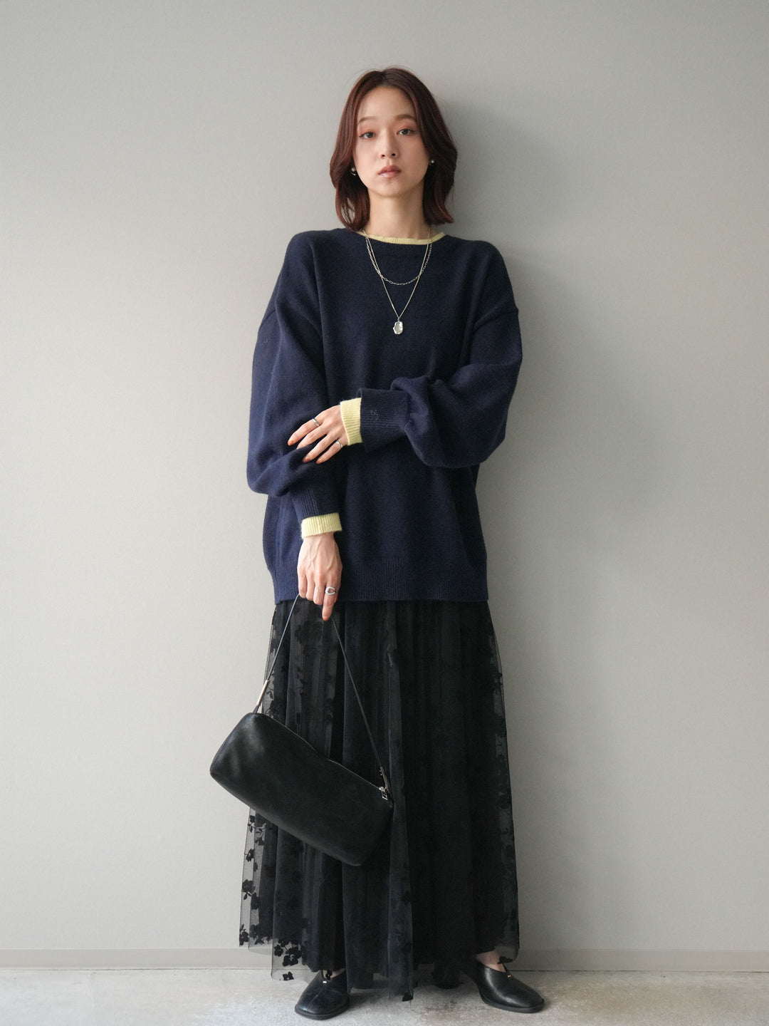 [SET]ヘンリーネック配色レイヤードニットプルオーバー+フラワーフロッキーチュールプリーツスカート(2set)