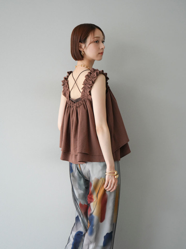 [SET] 縮肩喇叭背心 + 水彩藝術休閒褲 + 繩繡薄紗疊穿褲 (3 件套)