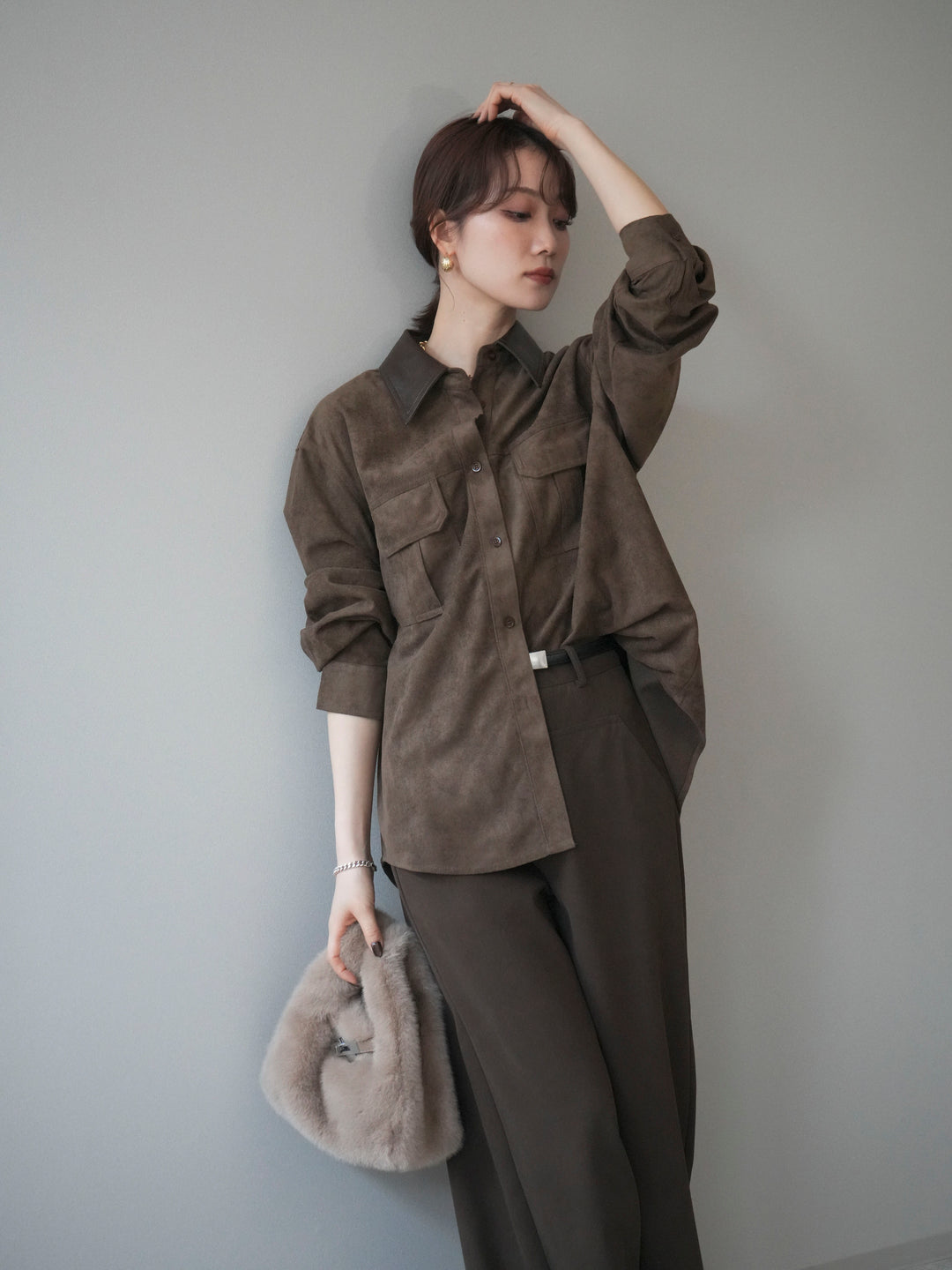 [予約]レザー襟スエードシャツ/khaki