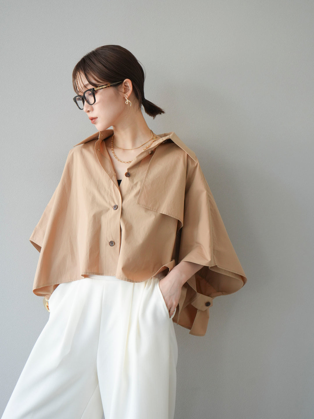 [SET]ポンチョショートシャツ+リネンライクイージーワイドパンツ(2set)