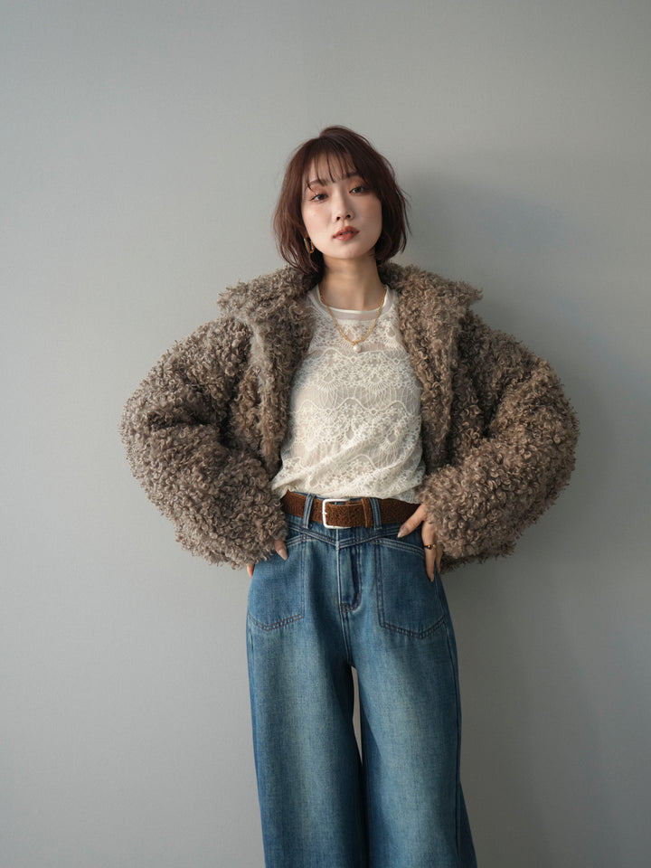[SET]プードルファーミドルスタンドブルゾン+ベルト付裏起毛カーブデニムパンツ(2set)
