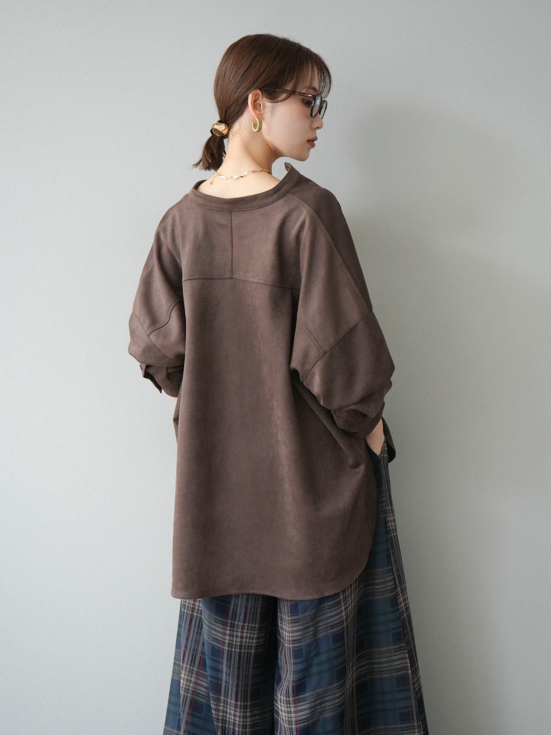 [SET]スエードバンドカラーオーバーシャツ+シアーチェックバギーパンツ(2set)