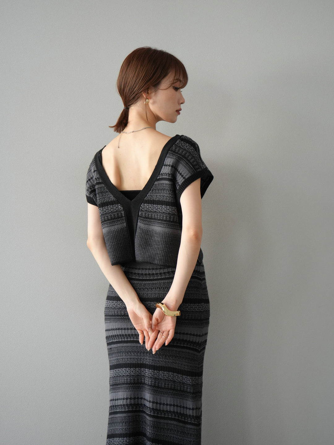 [予約]ガーター編み2WAYニットベスト/グレー×ブラック