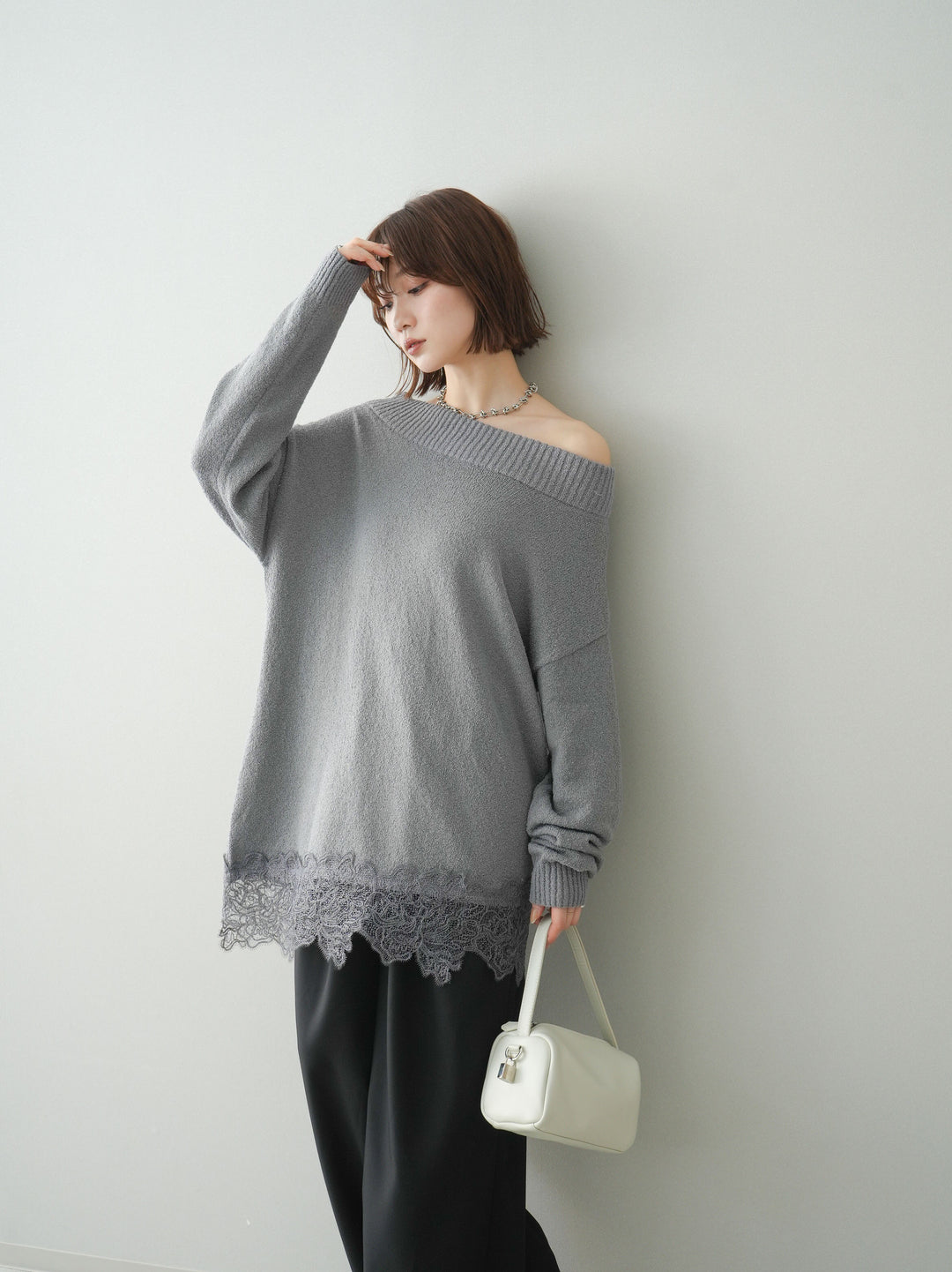 [SET]アシンメトリーレースヘムニットプルオーバー+アシンメトリーレースヘムニットプルオーバー(2set)