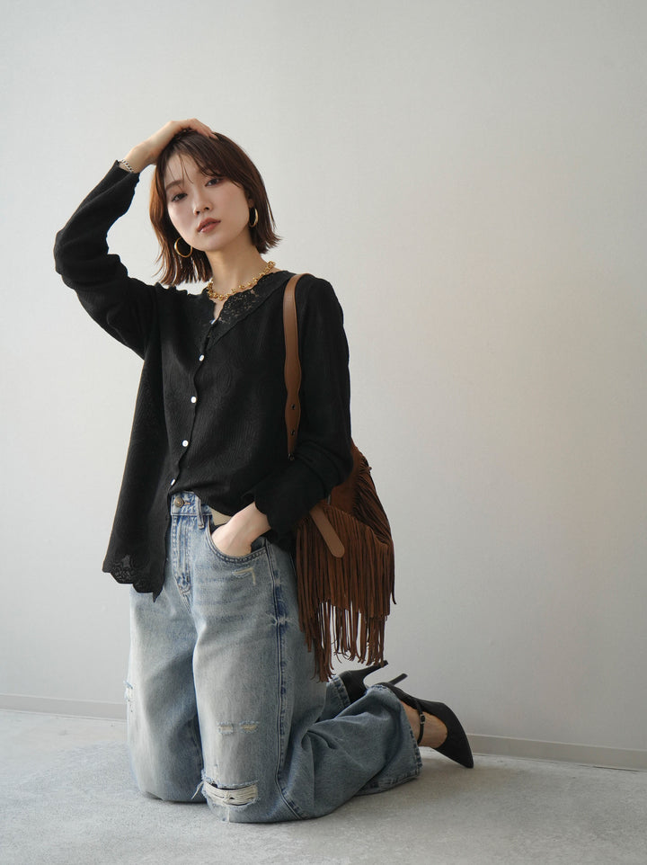 [SET]レースネックジャガードニットカーディガン+ダメージデニムセミワイドパンツ(2set)