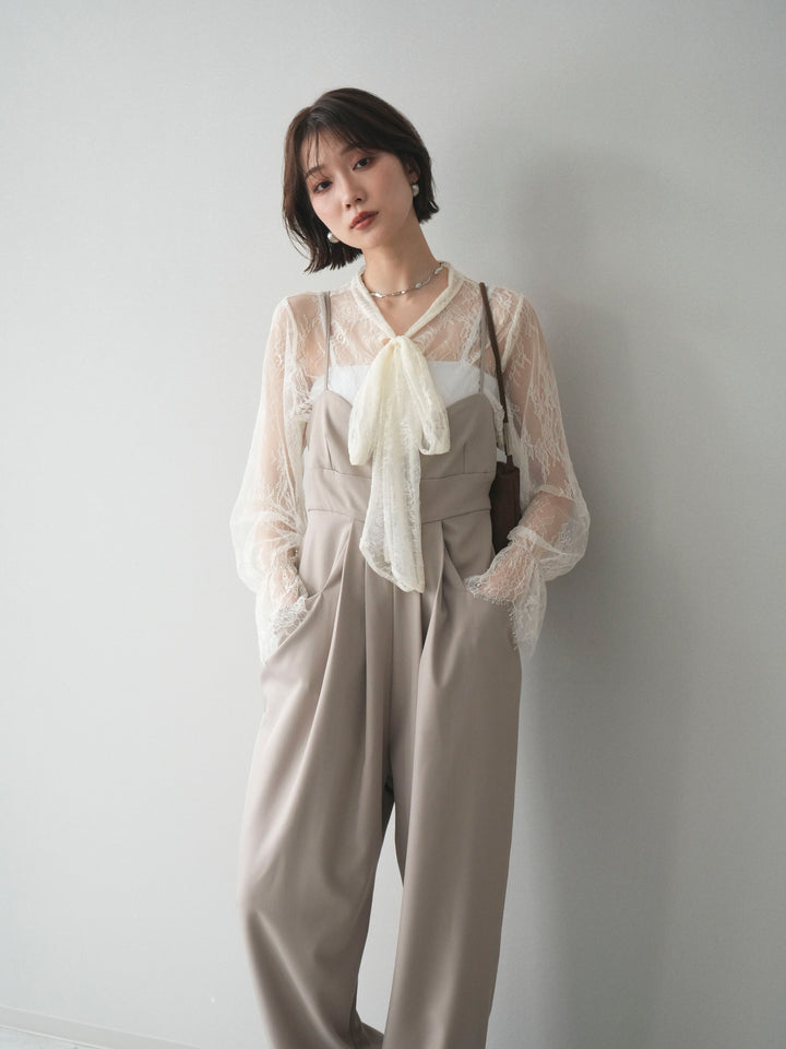 [SET]バックデザインサロペット+リバーレースボウタイトップス(2set)