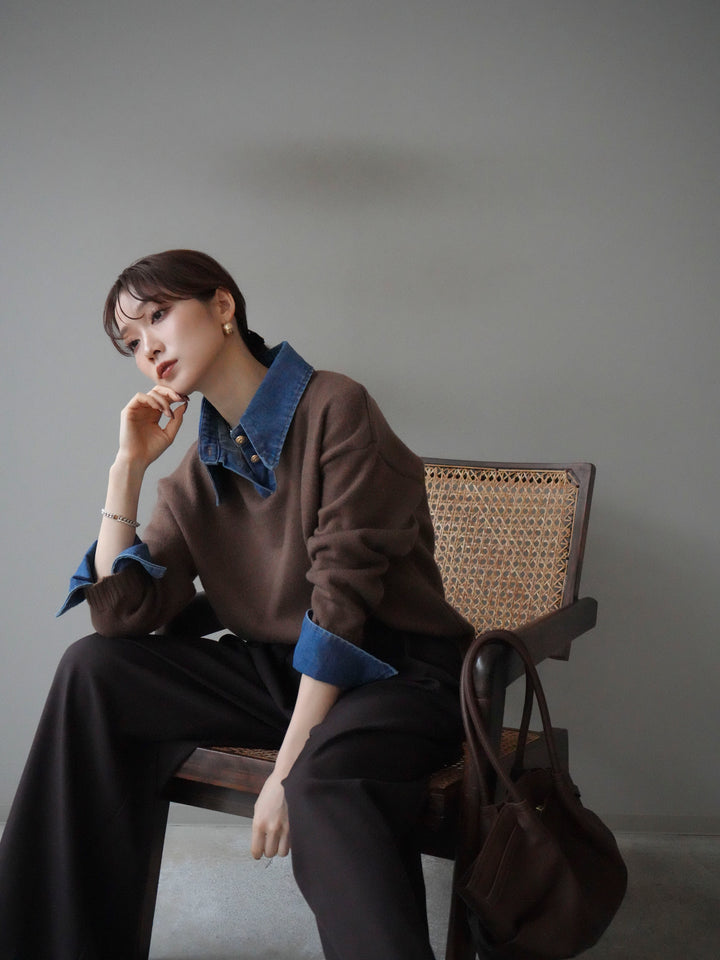 【預購】牛仔領polo針織套頭衫/棕色