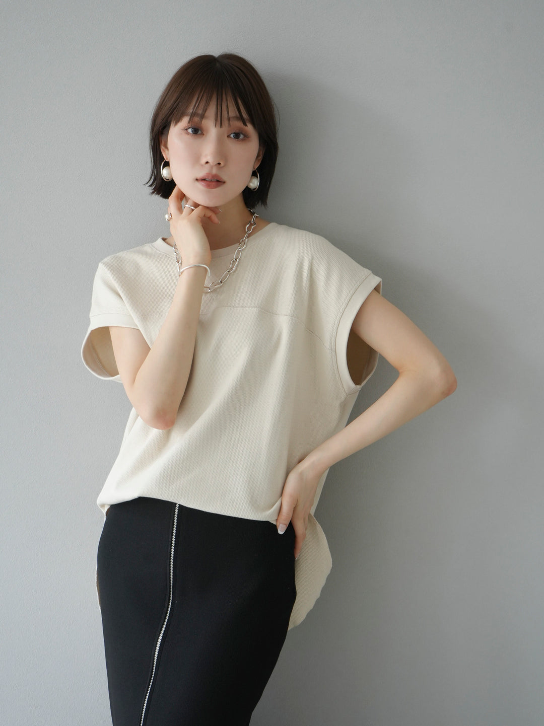 [Pre-order] Honeycomb Stretch French Sleeve Pullover/Ivory
