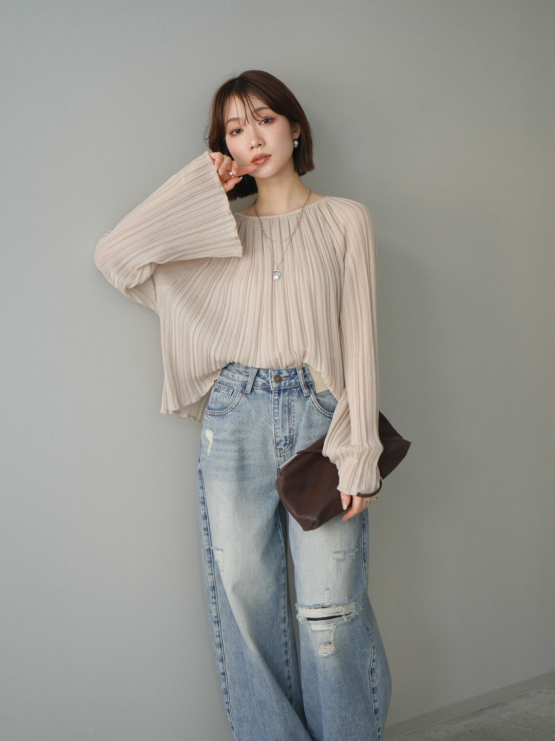 [SET]プリーツシアーフレアスリーブニットトップス+選べるアクセセット(2set)