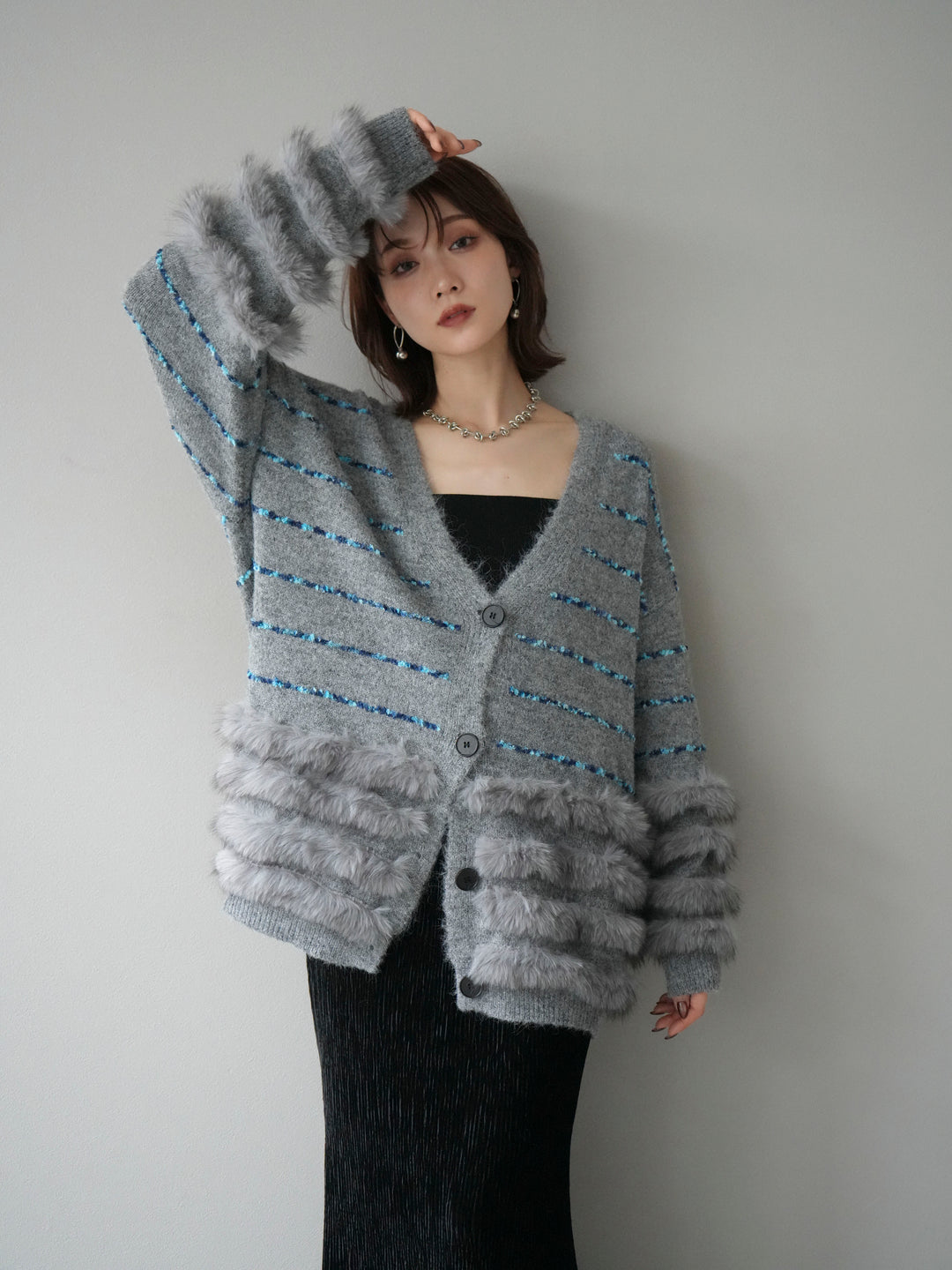 [SET]フェザーライン配色シャギーニットカーディガン+ベロアプリーツナロースカート(2set)